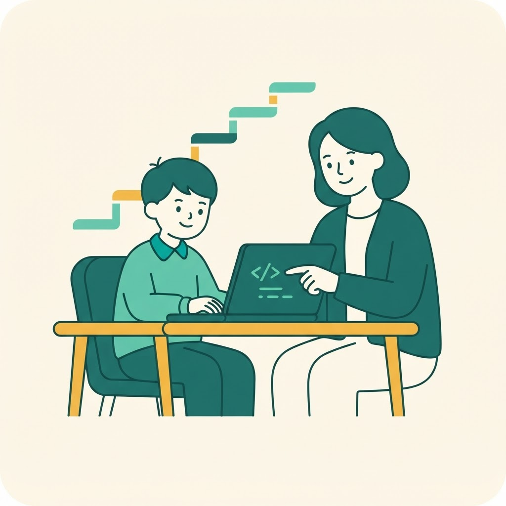 パソコンで学ぶ子どもと、隣でやさしく支援する講師のイラスト